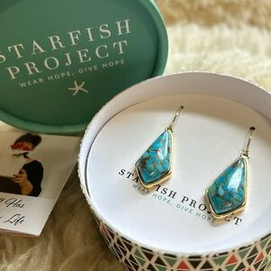 NEW genuine Turquoise stone teardrop dangling earrings with gold metal accent